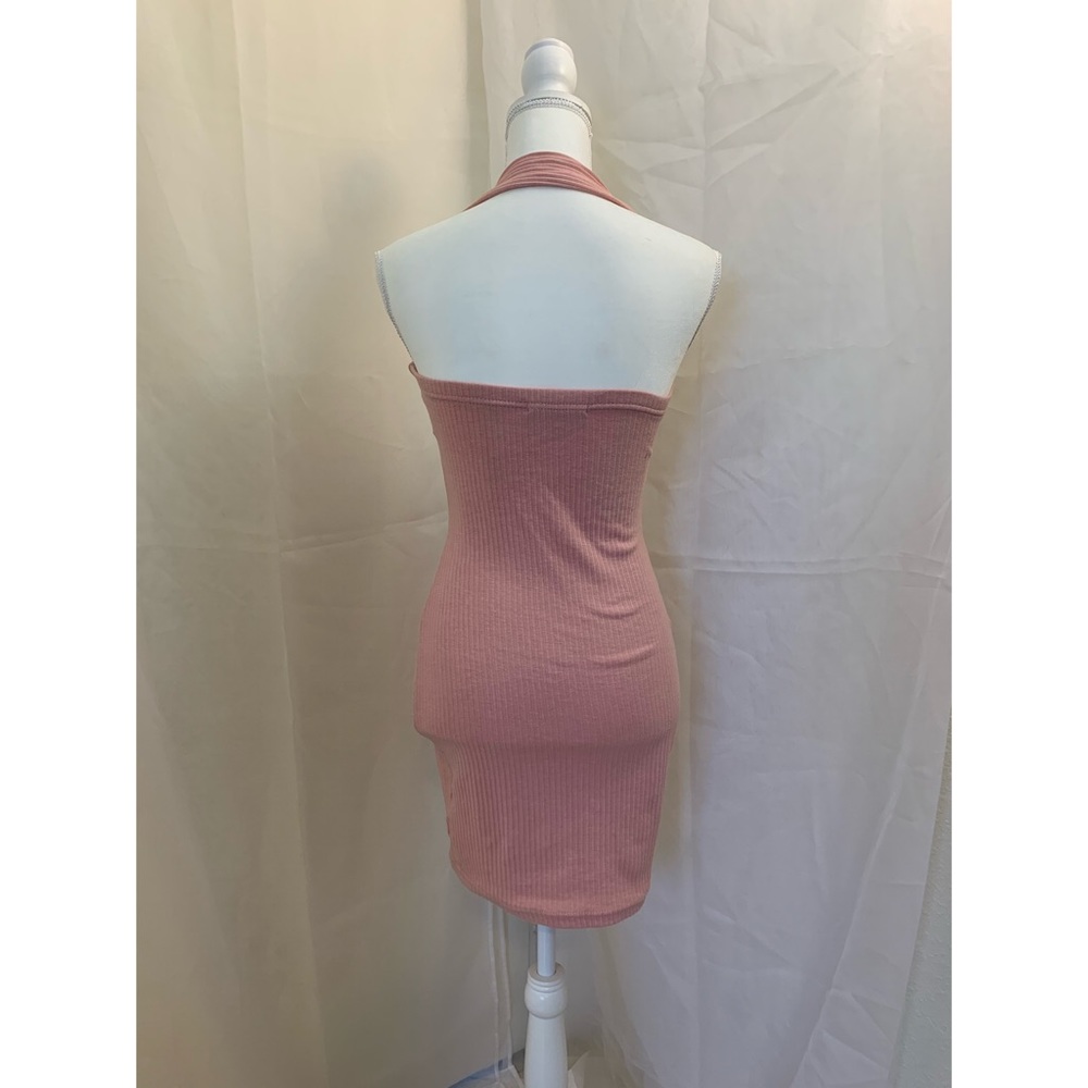 Pink Halterneck Ribbed Bodycon Dress - Picture 4 of 8